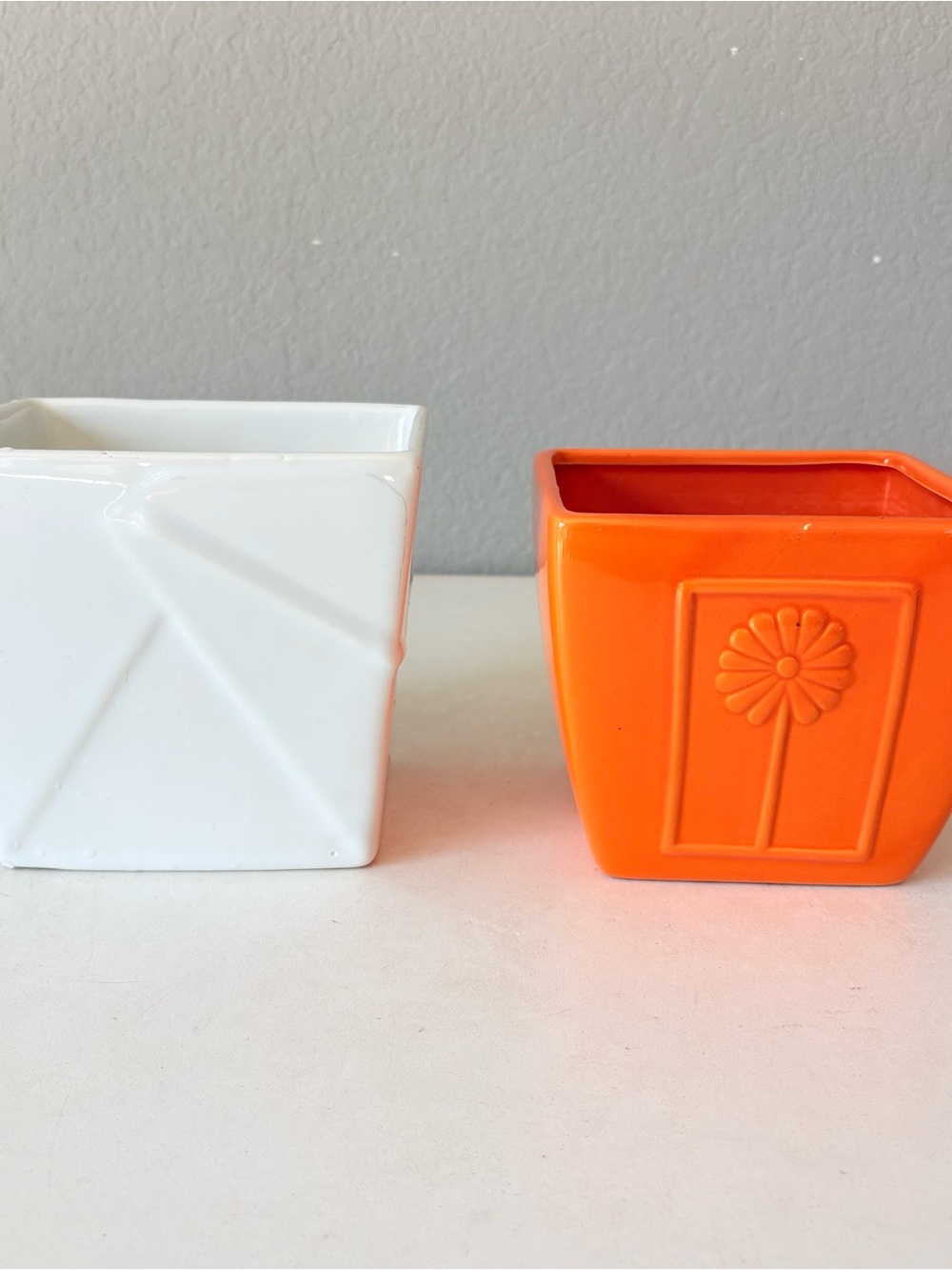 Lot 2 White Orange Square Ceramic Pots Small Succulent Planters No Drainage Hole